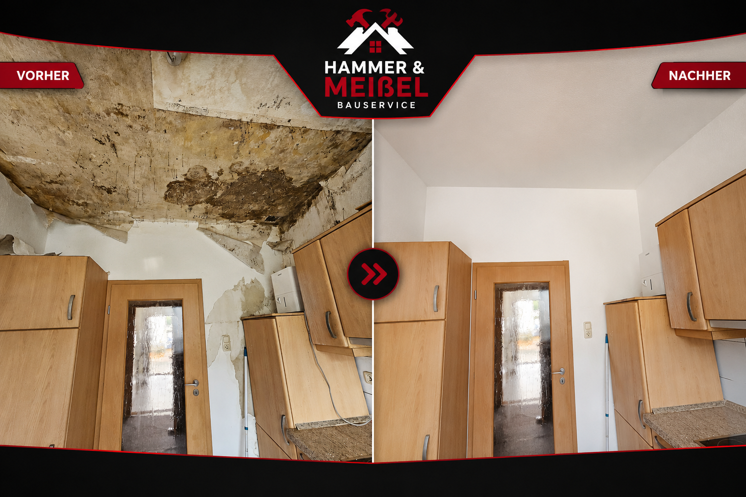 Küche vor und nach der Renovierung durch Hammer und Meißel